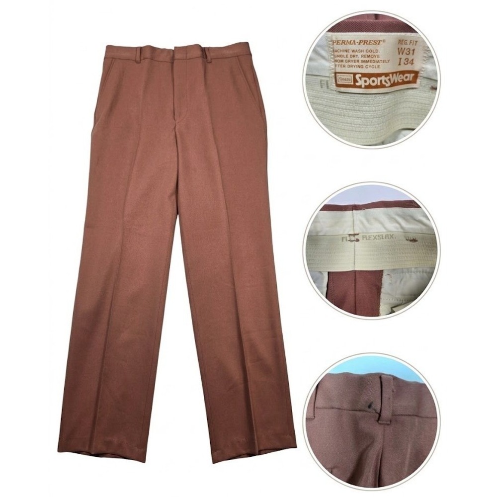 Vintage 70s Sears Mens Flared Dress Pants Rose Mauve Flexslax Perma Prest 30x28